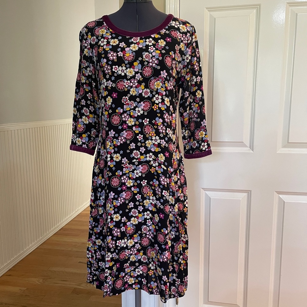Vintage Hanna Andersson Women's Dress Rayon Velour Trimmed Black Floral Medium